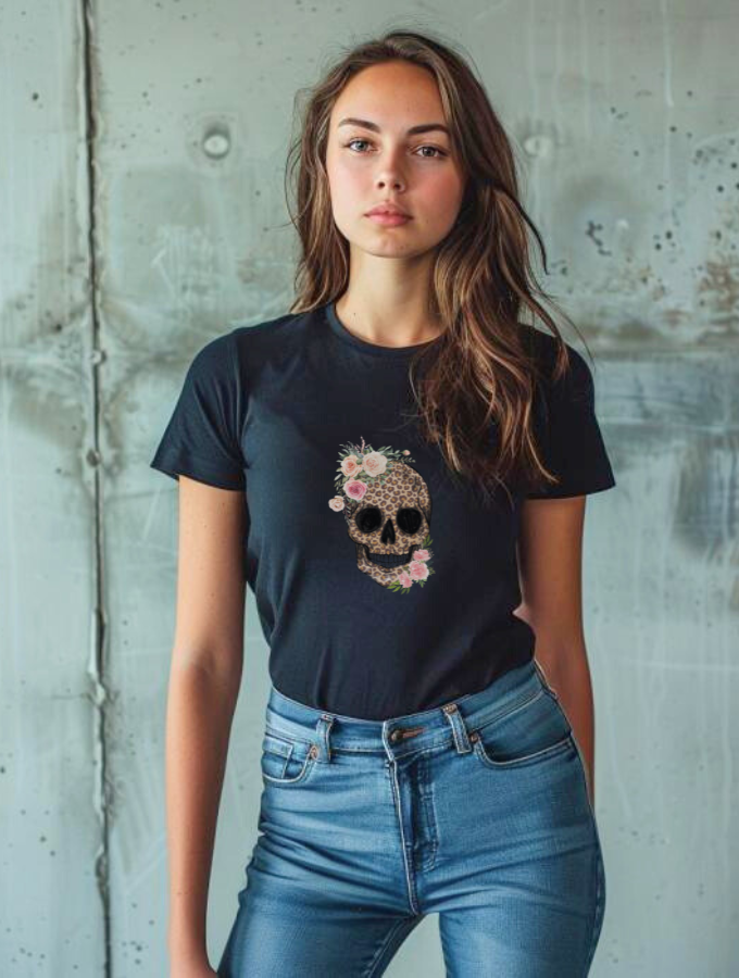 FLORAL SKULL FITTED TEE - BLACK