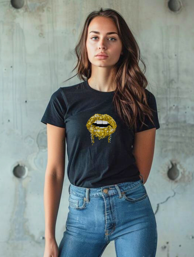 GOLDEN LIPS FITTED TEE - BLACK