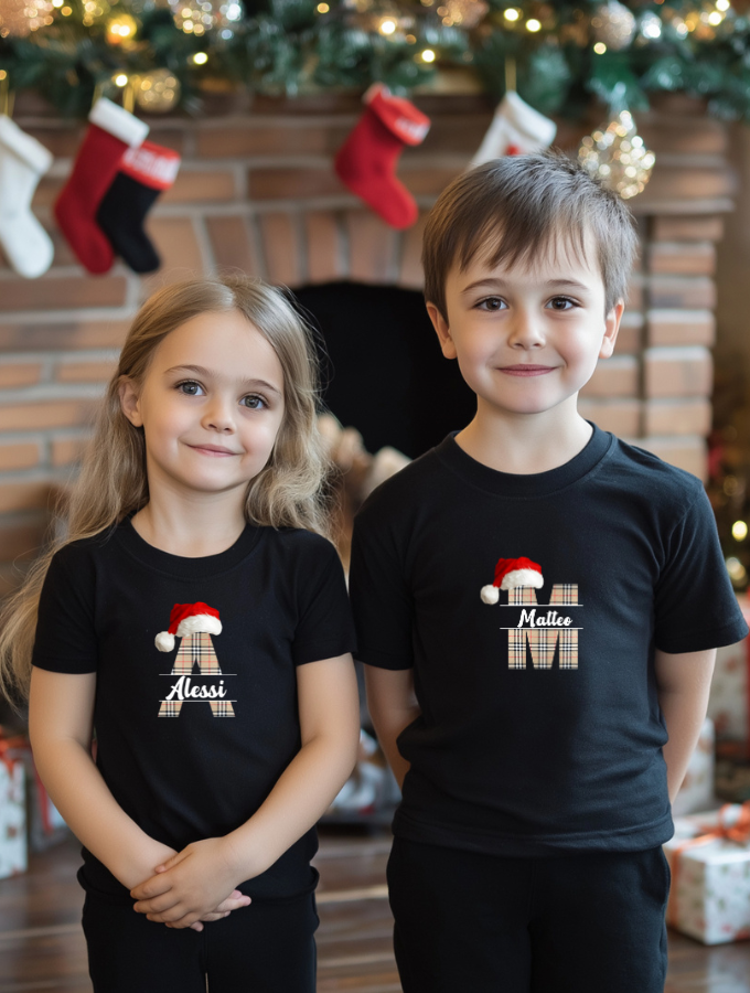 SANTA'S PLAID CUSTOM TEE - BLACK - KIDS