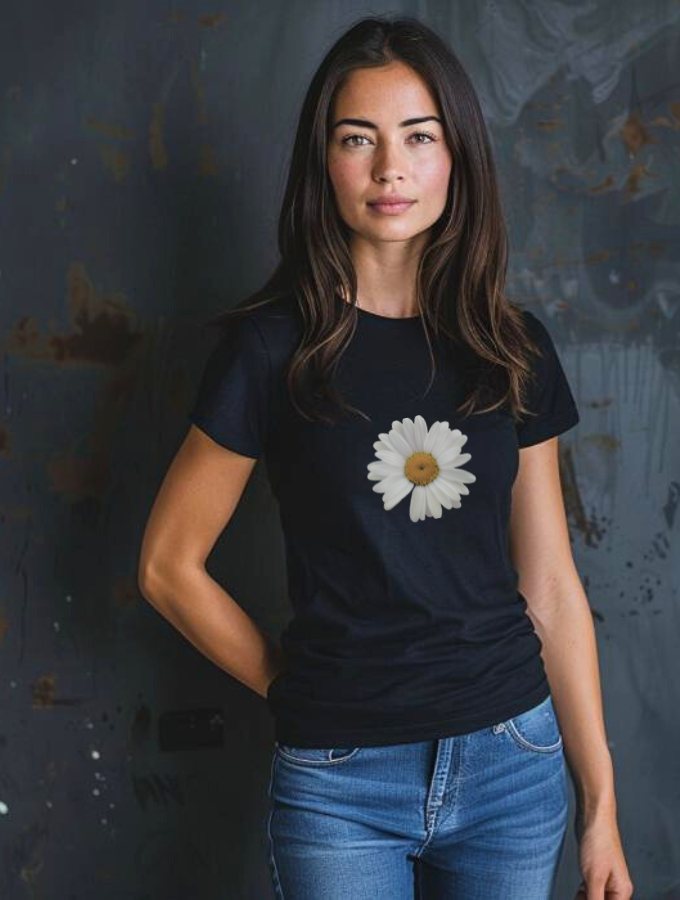 WHITE DAISY FITTED TEE - BLACK