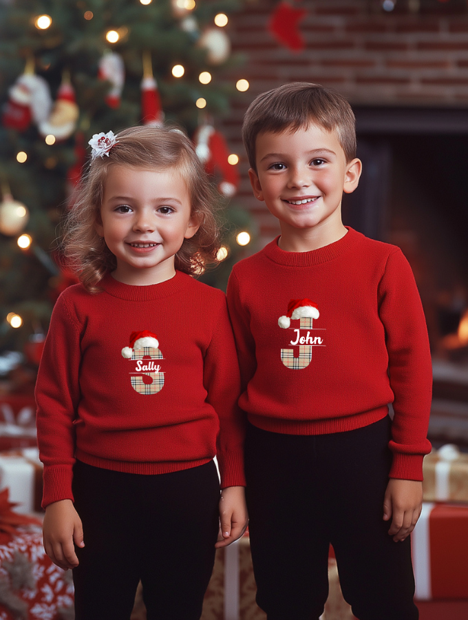 SANTA'S PLAID CUSTOM SWEATER - RED - KIDS